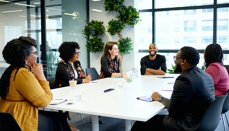 Diverse business leaders collaborating during a peer advisory board session at Futuremakers