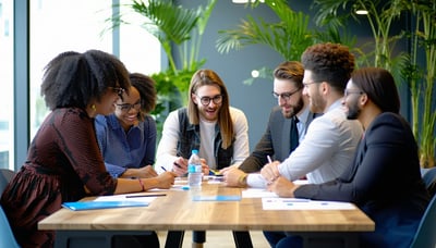 Leaders from diverse industries collaborating around a table, united by purpose.