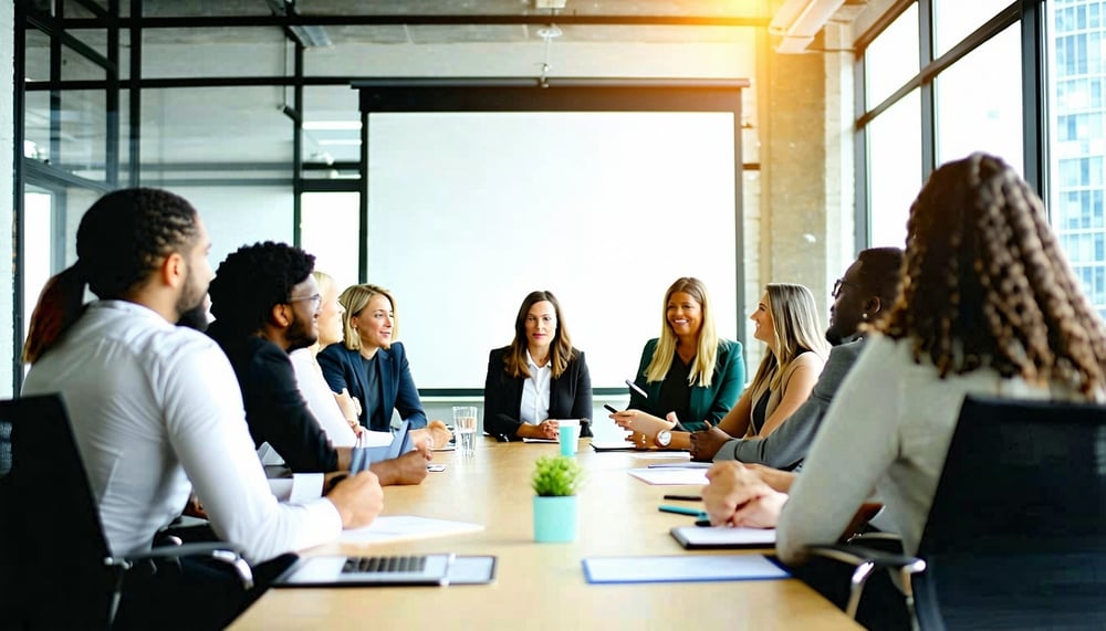 Diverse business leaders collaborating in a peer advisory board meeting